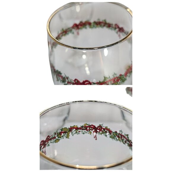 4 Libbey Ribbon Holly Goblets 7.5" water wine gold rim festive holiday Christmas - Picture 5 of 14